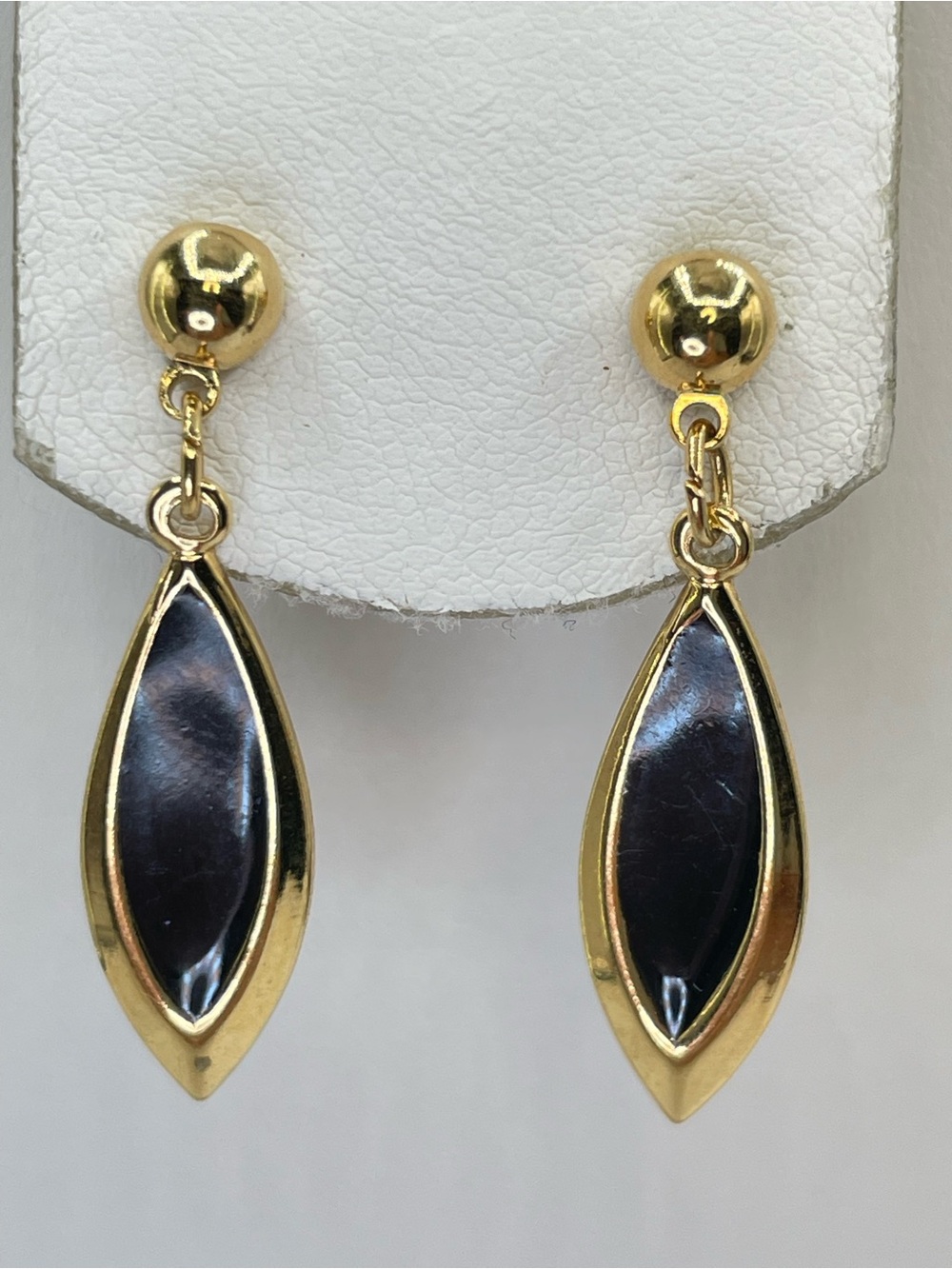 Gold Tone Black Marquise Dangle Drop Earrings Post Back Statement